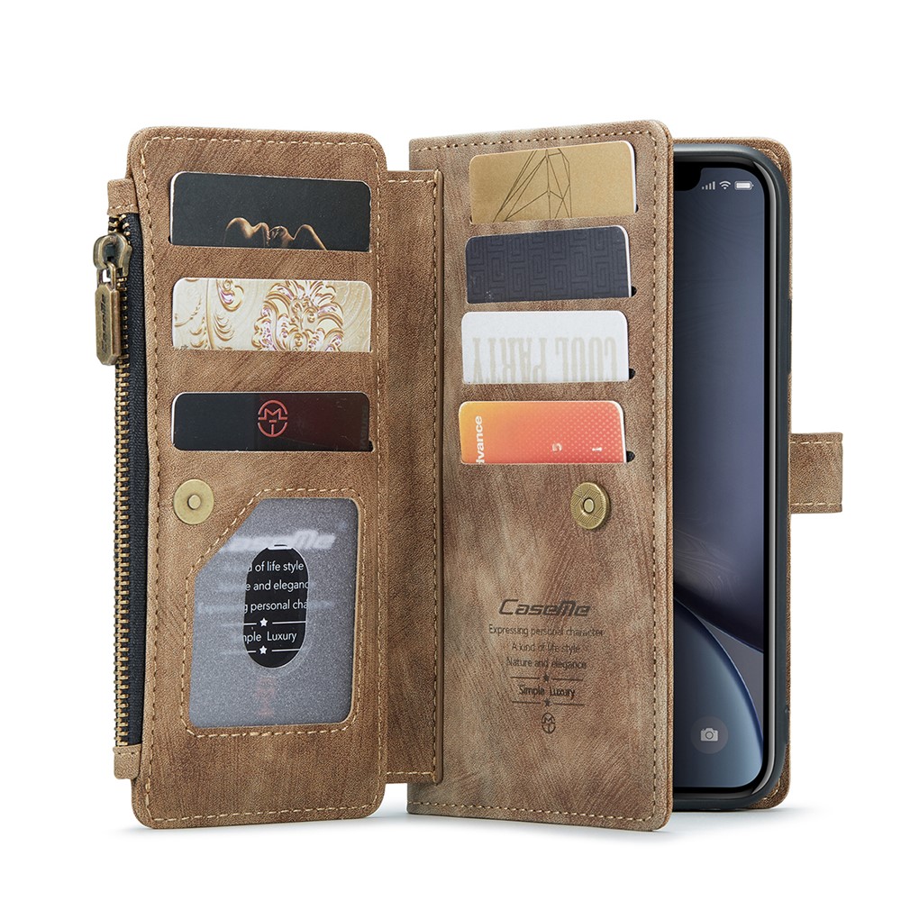 For iPhone XR Phone Cases with Strap CASEME C30 Zipper Multiple Card Holder PU Leather Cover - Brown