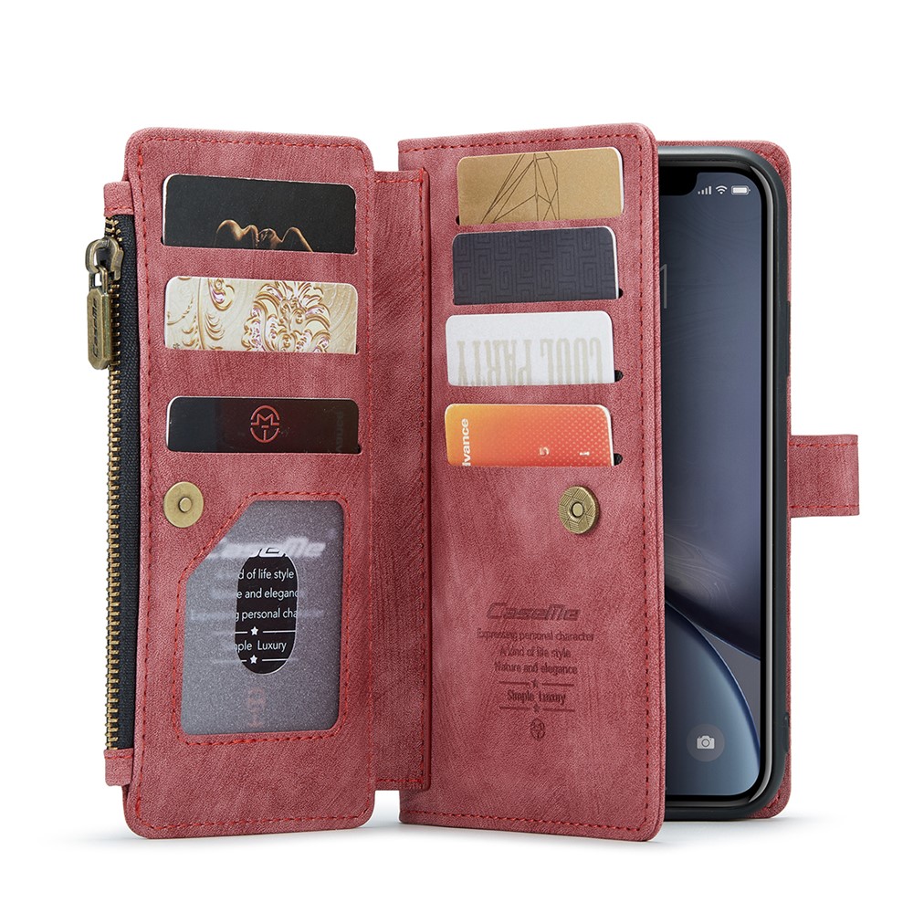 For iPhone XR Phone Cases with Strap CASEME C30 Zipper Multiple Card Holder PU Leather Cover - Red