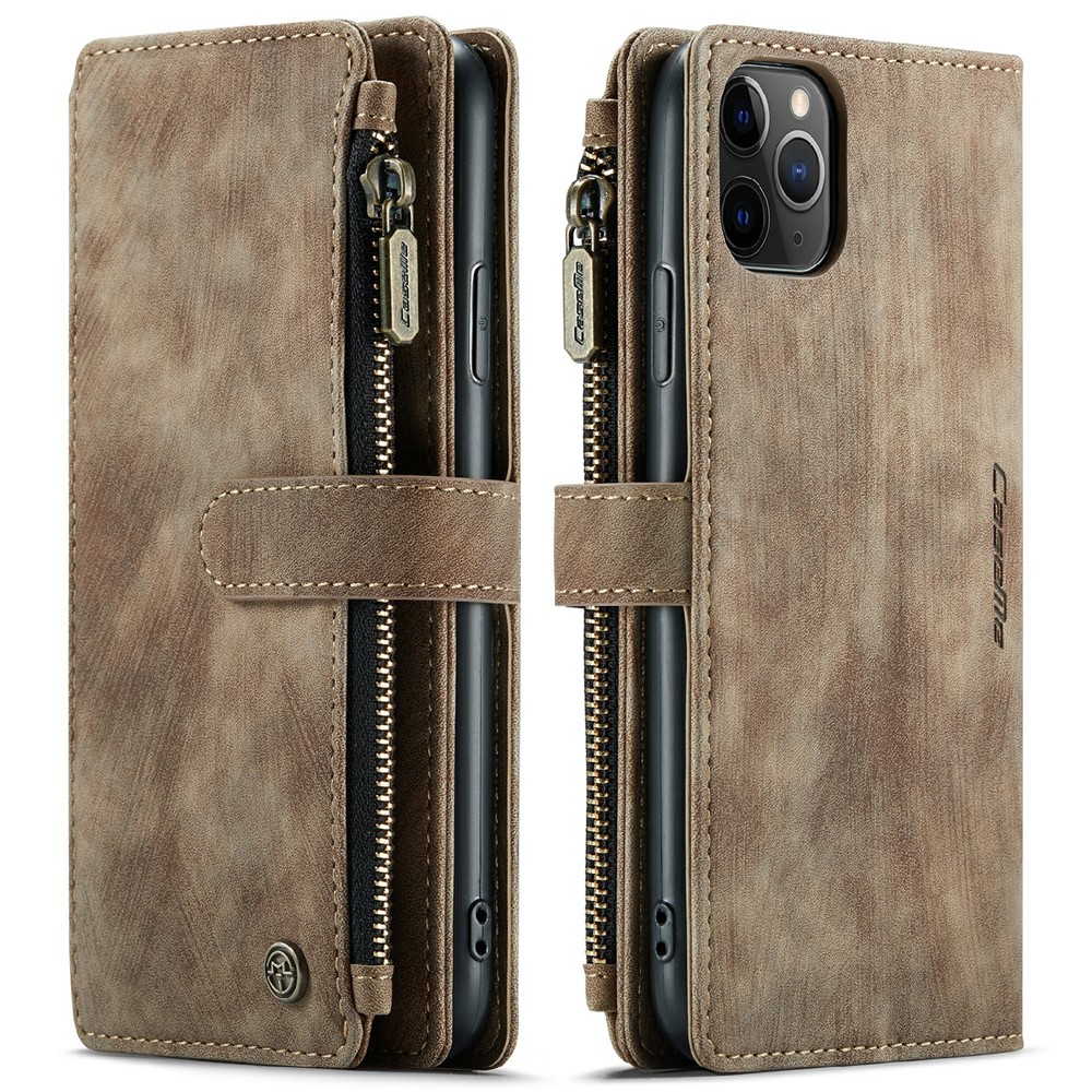 For iPhone 11 Pro Max Phone Cases with Strap CASEME C30 Zipper Multiple Card Holder PU Leather Cover - Brown