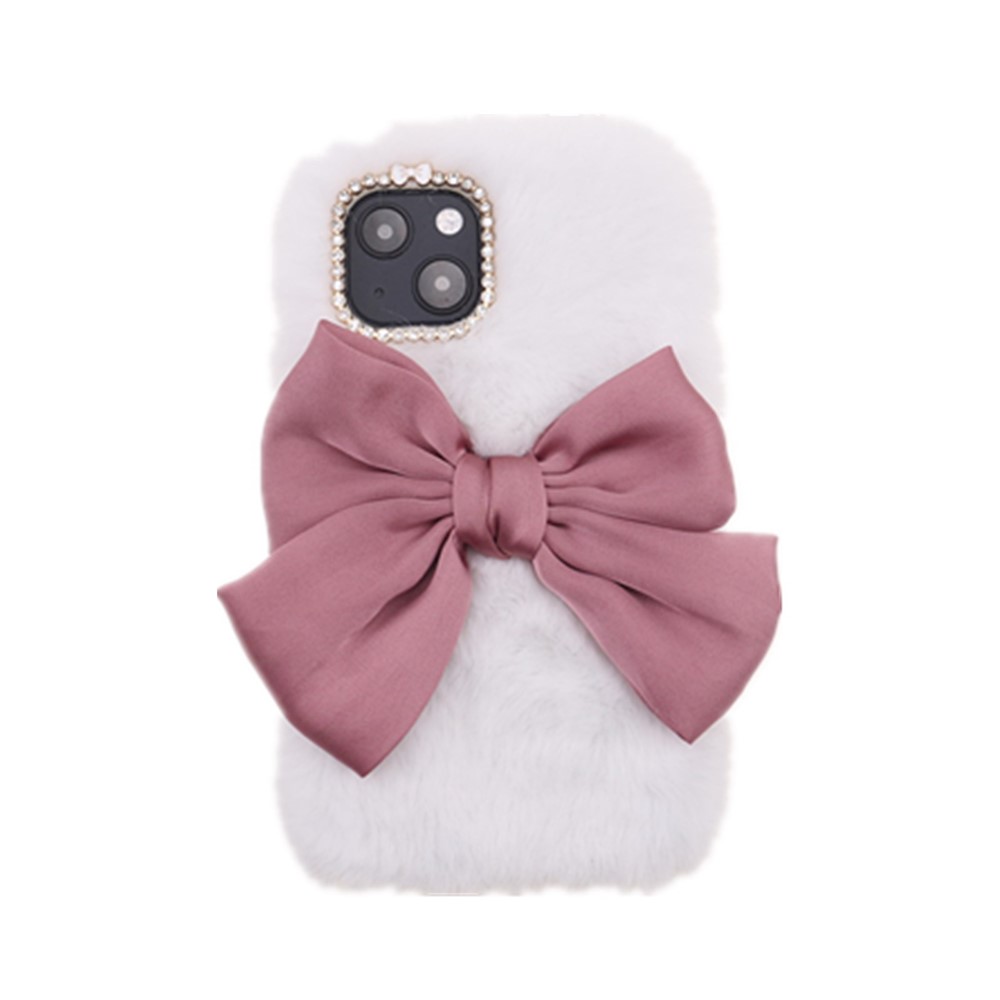 Bowknot Cute Fuzzy Furry Warm Plush Rhinestone Decor Soft TPU Back Case for iPhone 13 mini 5.4 inch - White