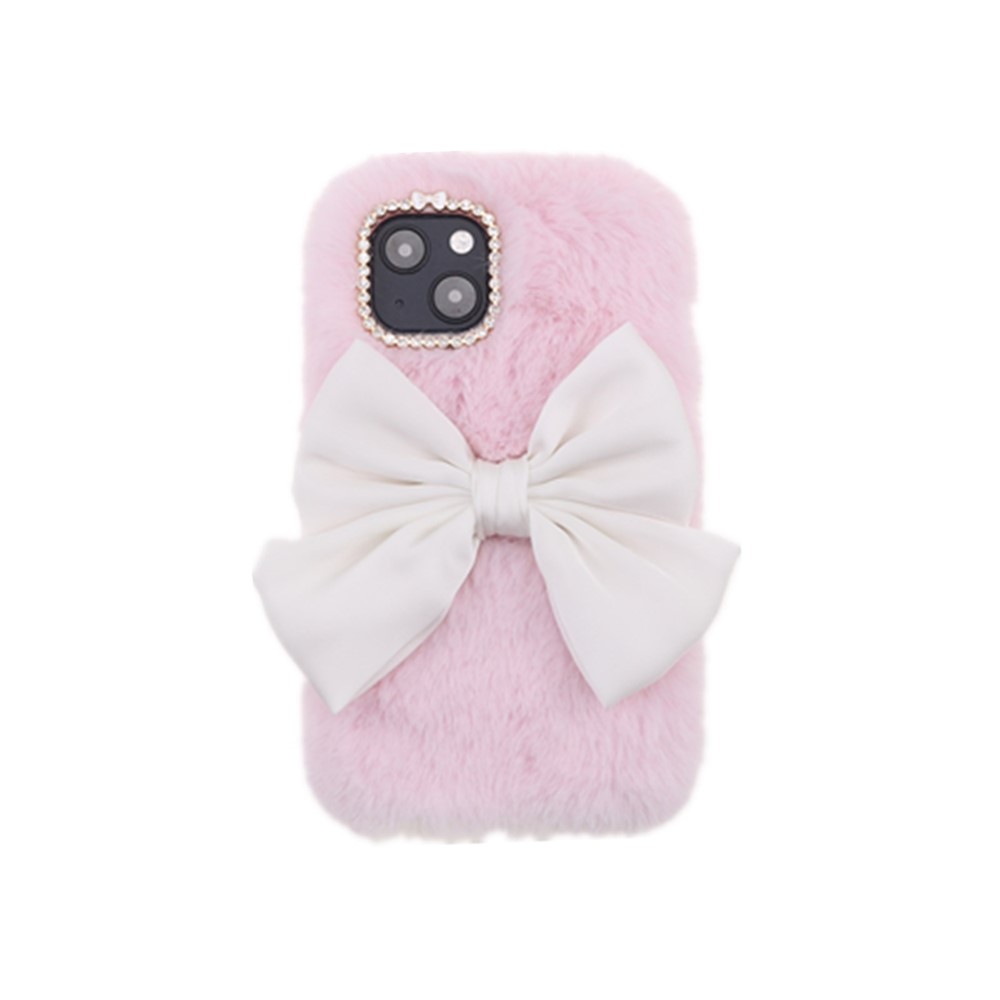 Bowknot Cute Fuzzy Furry Warm Plush Rhinestone Decor Soft TPU Back Case for iPhone 13 mini 5.4 inch - Pink