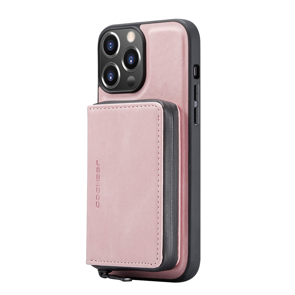 JEEHOOD Well-protected Anti-fall Magnetic Detachable 2-in-1 Hybrid Case with Zippered Wallet Kickstand for iPhone 13 Pro 6.1 inch - Pink-3