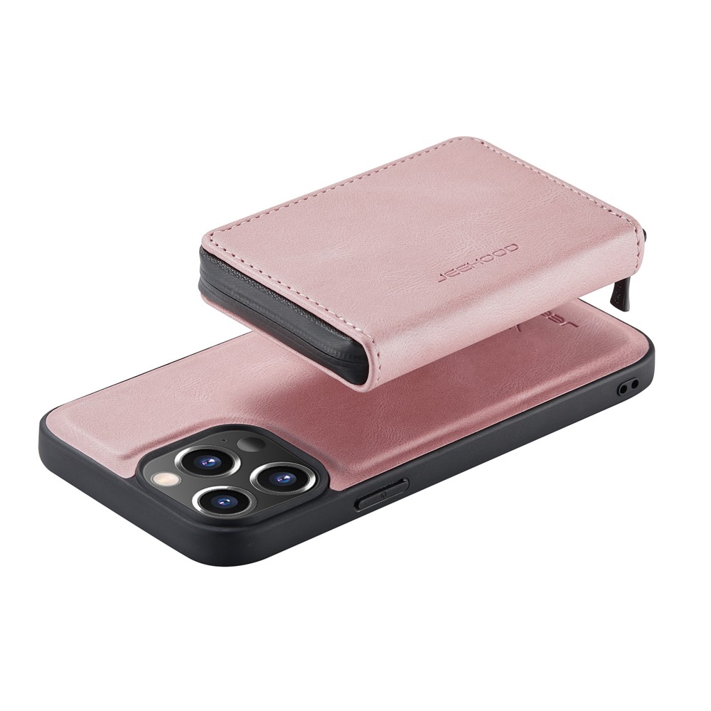 JEEHOOD Well-protected Anti-fall Magnetic Detachable 2-in-1 Hybrid Case with Zippered Wallet Kickstand for iPhone 13 Pro 6.1 inch - Pink-7