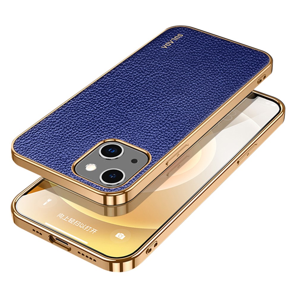 SULADA Scratch-Resistant Light Litchi Texture Stylish Electroplating Frame PU Leather Coated Hybrid Phone Case for iPhone 13 6.1 inch - Blue-1