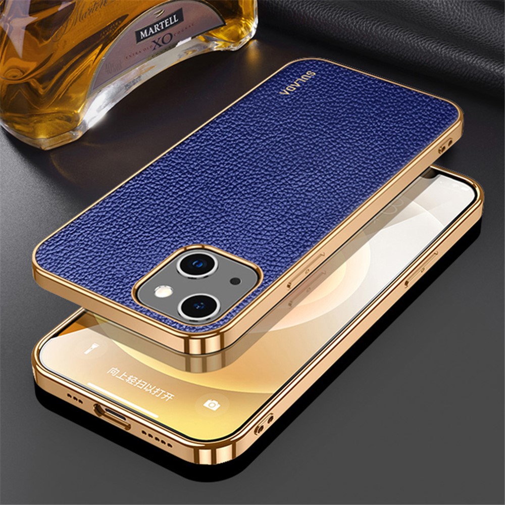 SULADA Scratch-Resistant Light Litchi Texture Stylish Electroplating Frame PU Leather Coated Hybrid Phone Case for iPhone 13 6.1 inch - Blue-2