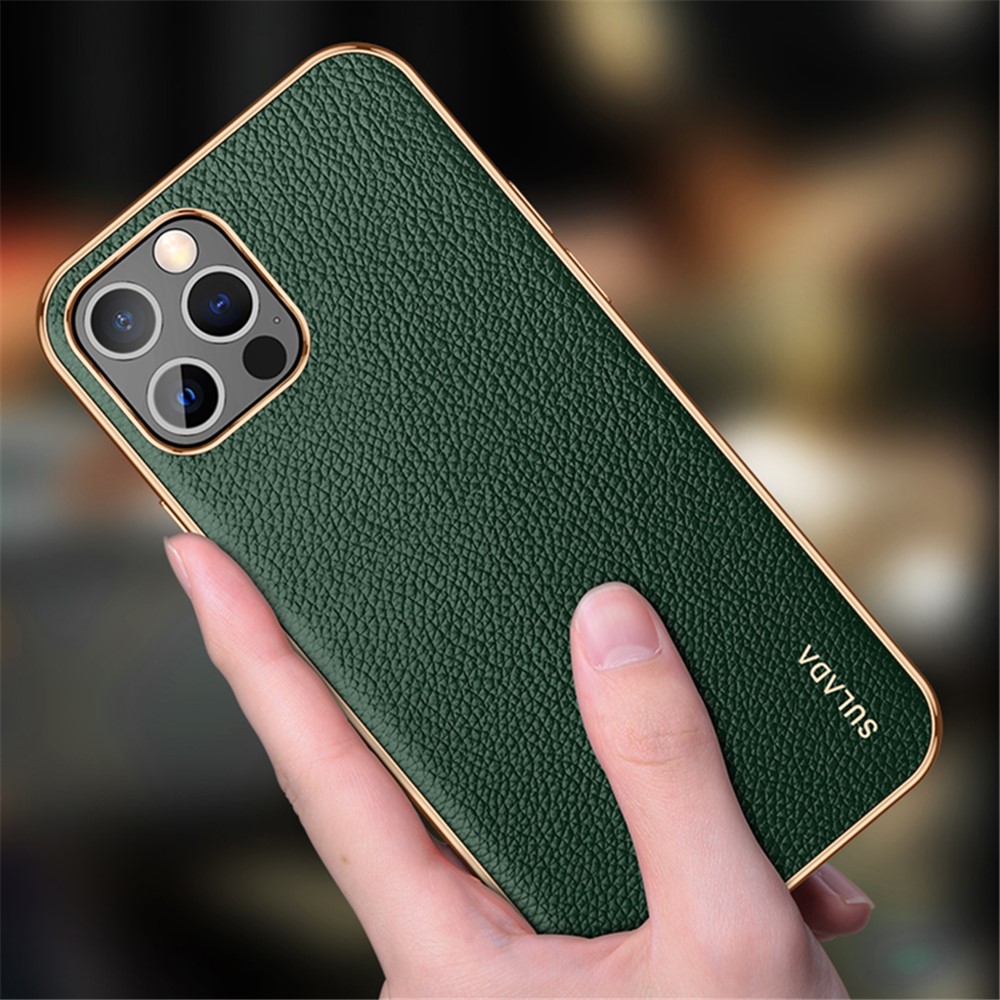 SULADA Well-Protected Litchi Texture Stylish Electroplating Frame PU Leather Coated Hybrid Phone Case for iPhone 13 Pro 6.1 inch - Black-2