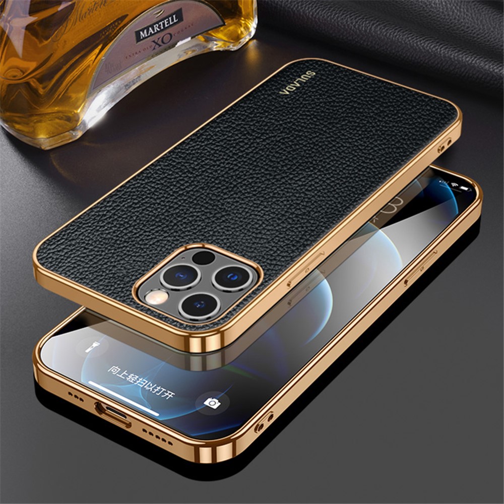 SULADA Well-Protected Litchi Texture Stylish Electroplating Frame PU Leather Coated Hybrid Phone Case for iPhone 13 Pro 6.1 inch - Black-7