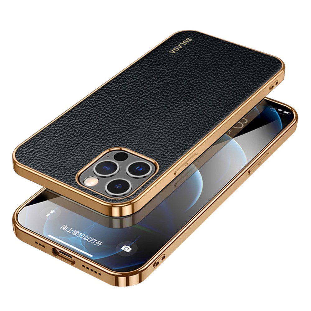 SULADA Electroplating Frame Well-Protected Litchi Texture PU Leather Coated Hybrid Phone Case for iPhone 13 Pro Max 6.7 inch - Black-1