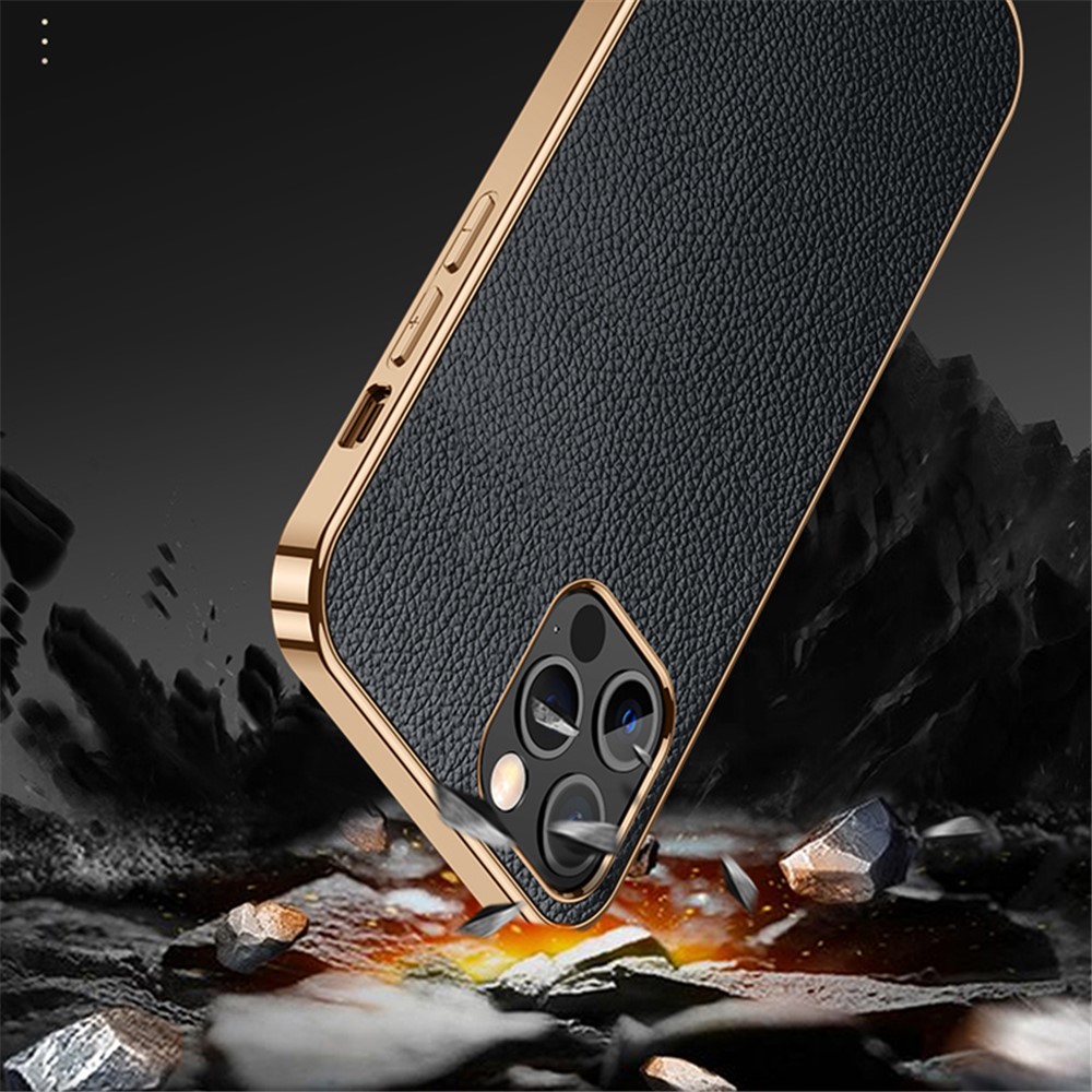 SULADA Electroplating Frame Well-Protected Litchi Texture PU Leather Coated Hybrid Phone Case for iPhone 13 Pro Max 6.7 inch - Black-3