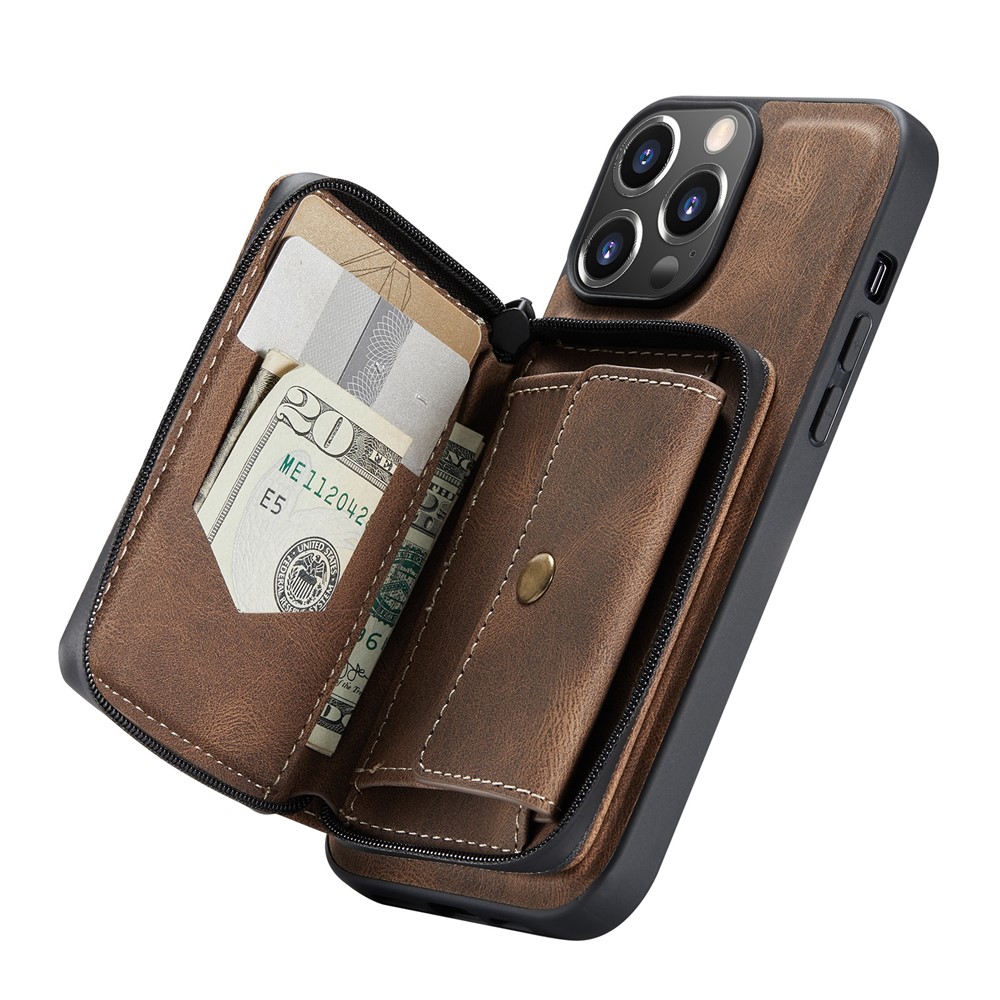 JEEHOOD Stylish Well-protected Shockproof Magnetic Detachable 2-in-1 Hybrid Case with Zippered Wallet Kickstand for iPhone 13 Pro Max 6.7 inch - Brown-7