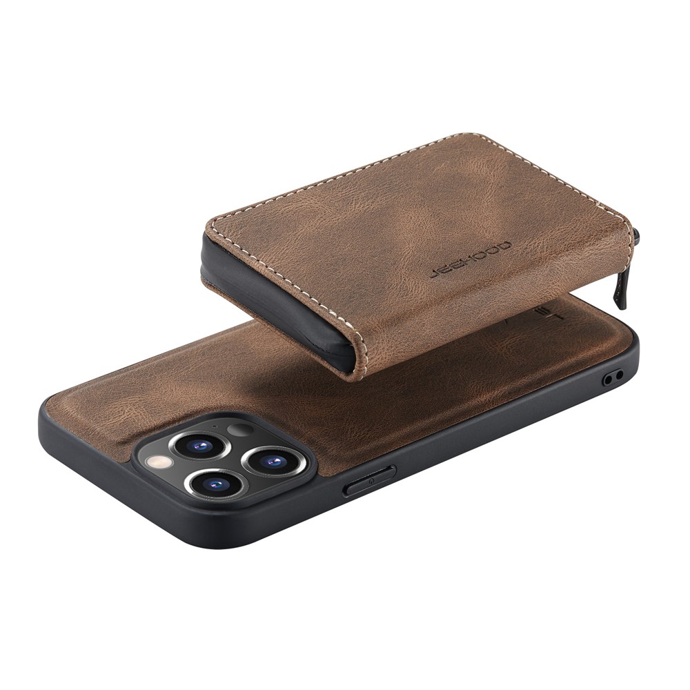 JEEHOOD Stylish Well-protected Shockproof Magnetic Detachable 2-in-1 Hybrid Case with Zippered Wallet Kickstand for iPhone 13 Pro Max 6.7 inch - Brown-8
