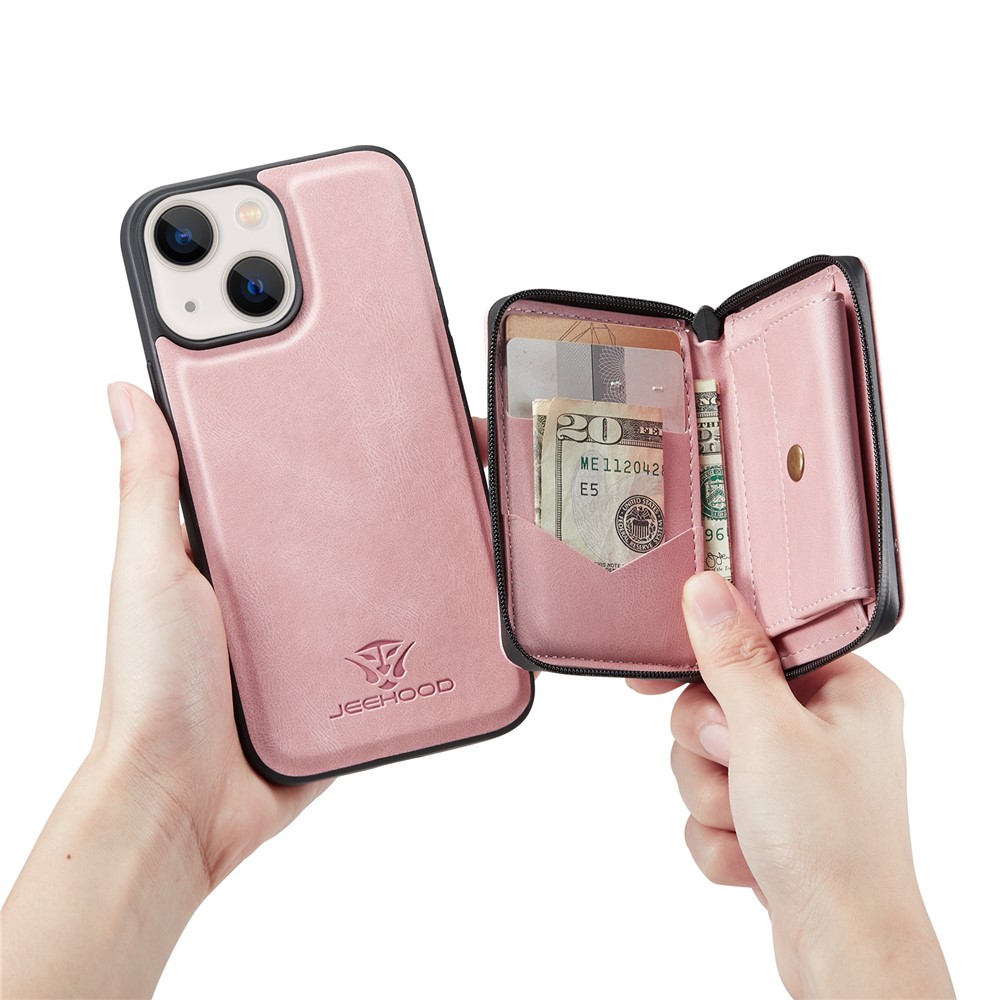 JEEHOOD Kickstand Design Well-Protected Magnetic Detachable 2-in-1 Hybrid Case with Zipper Closure Wallet for iPhone 13 mini 5.4 inch - Rose Gold
