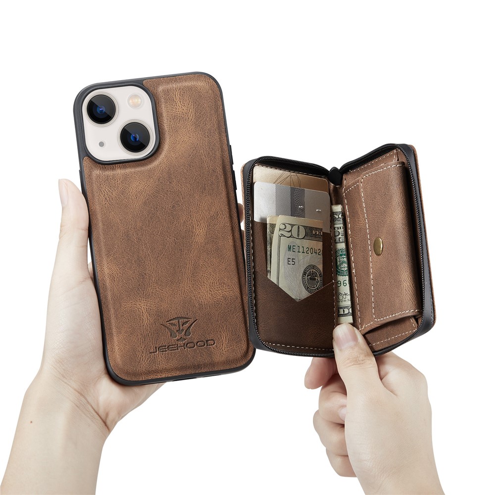 JEEHOOD Kickstand Design Well-Protected Magnetic Detachable 2-in-1 Hybrid Case with Zipper Closure Wallet for iPhone 13 mini 5.4 inch - Brown
