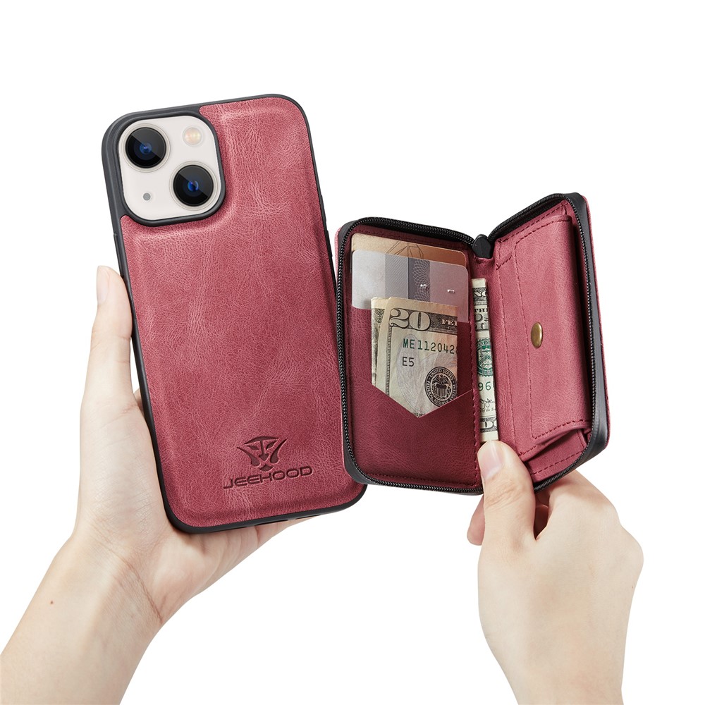 JEEHOOD Kickstand Design Well-Protected Magnetic Detachable 2-in-1 Hybrid Case with Zipper Closure Wallet for iPhone 13 mini 5.4 inch - Red