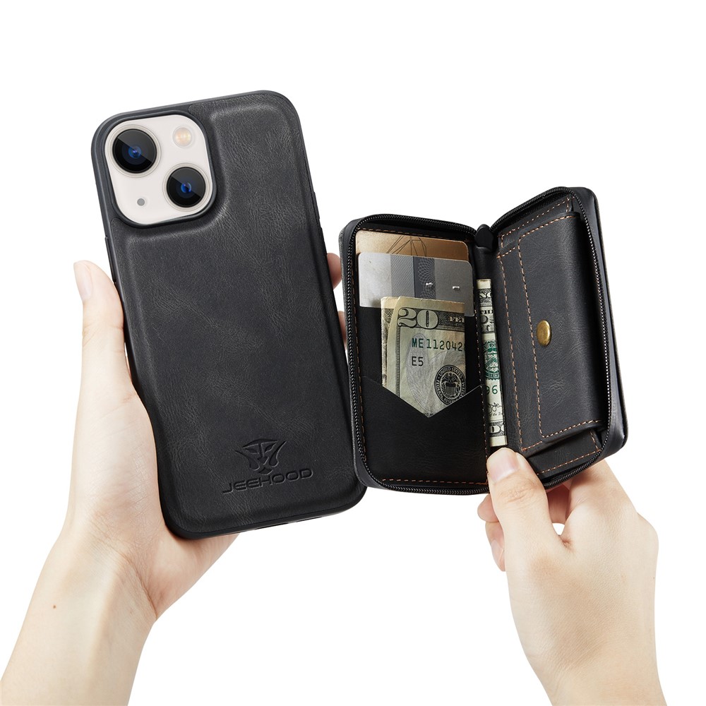 JEEHOOD Kickstand Design Well-Protected Magnetic Detachable 2-in-1 Hybrid Case with Zipper Closure Wallet for iPhone 13 mini 5.4 inch - Black