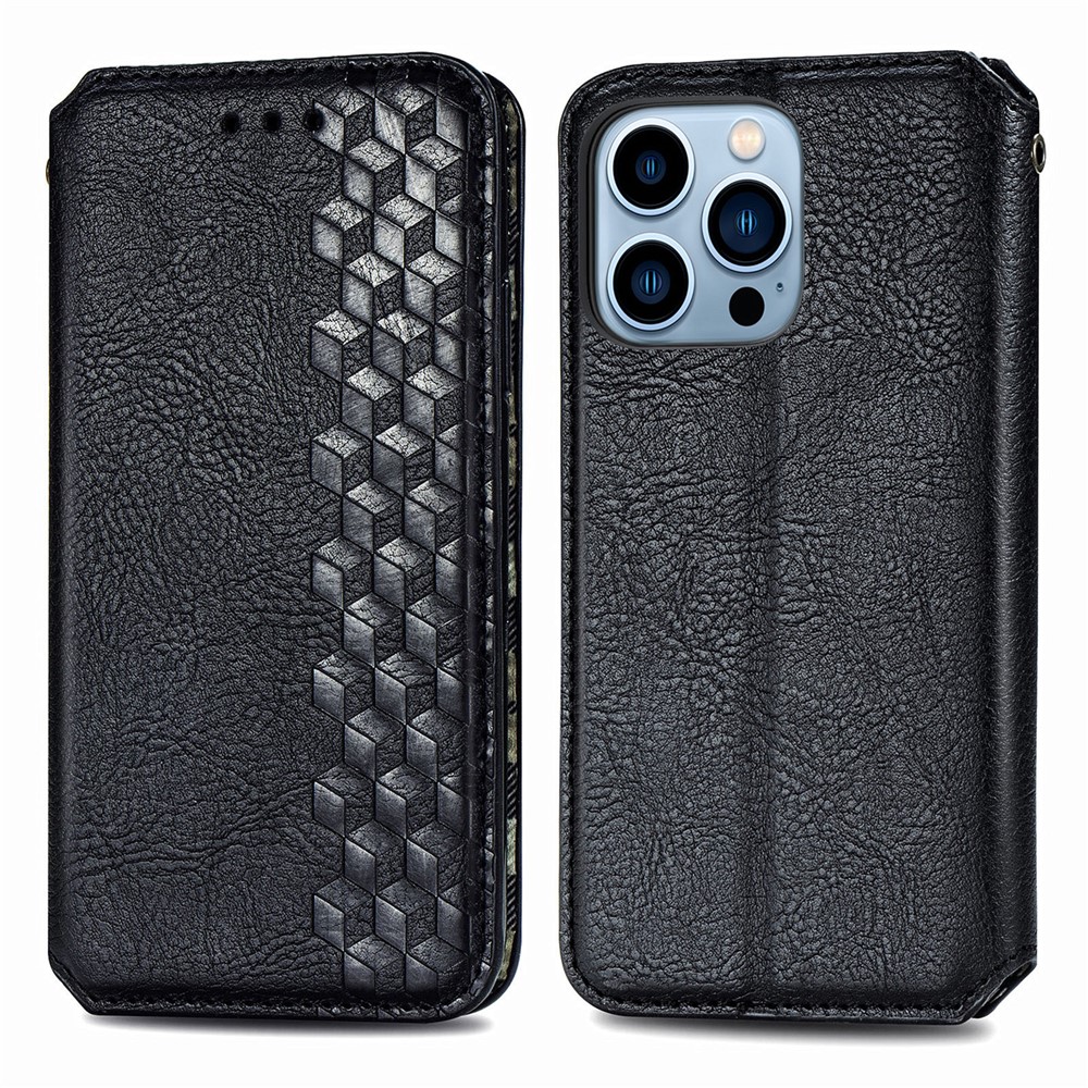 Imprinting Rhombus Pattern Full Protection Leather Phone Cover Protector with Stand Wallet for iPhone 13 Pro 6.1 inch - Black-1