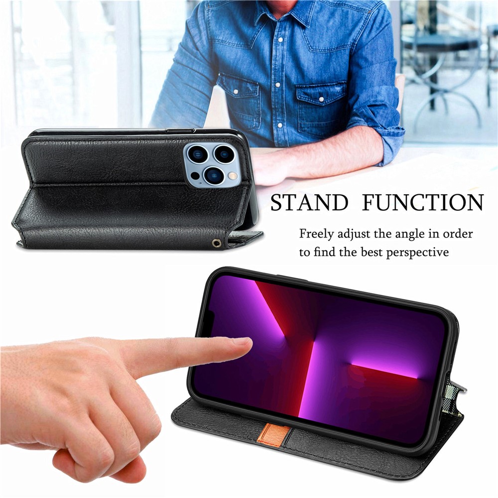 Imprinting Rhombus Pattern Full Protection Leather Phone Cover Protector with Stand Wallet for iPhone 13 Pro 6.1 inch - Black-6