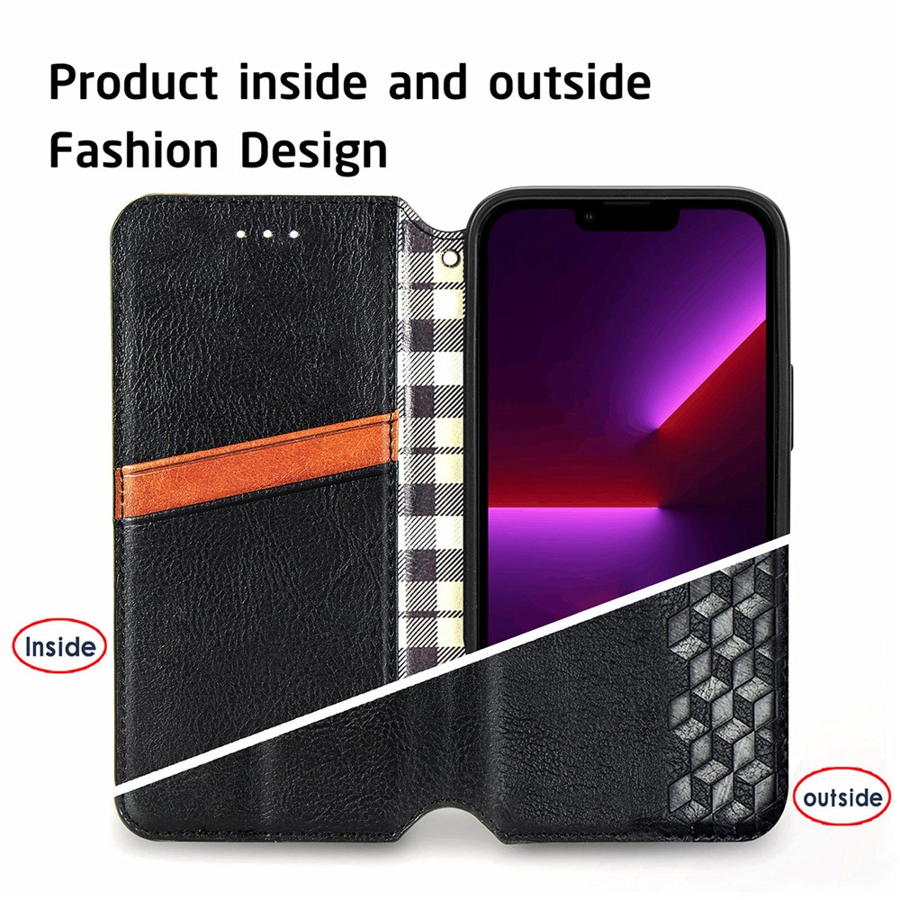 Imprinting Rhombus Pattern Full Protection Leather Phone Cover Protector with Stand Wallet for iPhone 13 Pro 6.1 inch - Black-8