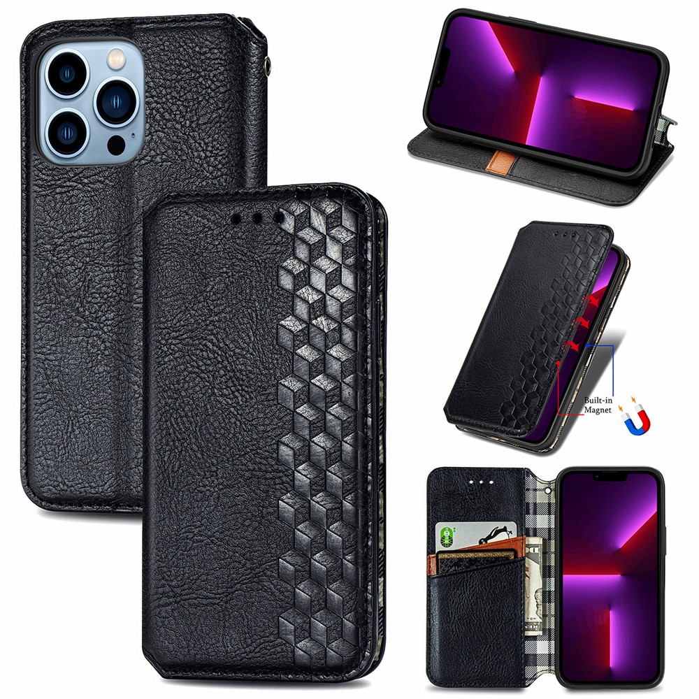 Imprinting Rhombus Pattern Full Protection Leather Phone Cover Protector with Stand Wallet for iPhone 13 Pro 6.1 inch - Black-9