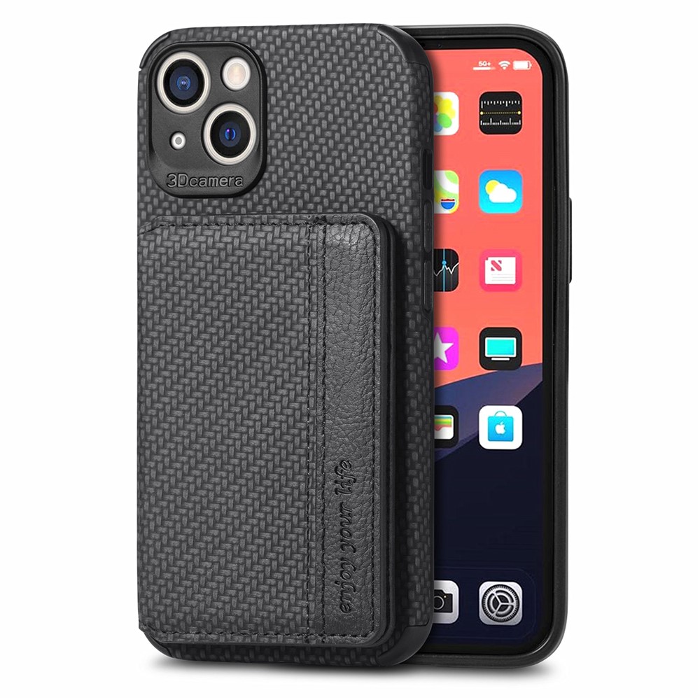 Scratch Resistant Carbon Fiber Texture Wallet Phone Case Design Built-in Magnet Leather Coated TPU Phone Cover with Kickstand for iPhone 13 mini 5.4 inch - Black-1