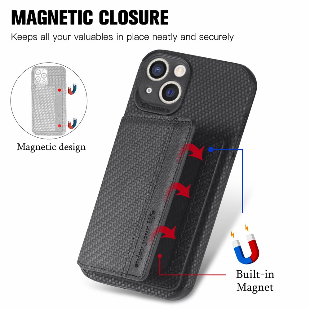 Scratch Resistant Carbon Fiber Texture Wallet Phone Case Design Built-in Magnet Leather Coated TPU Phone Cover with Kickstand for iPhone 13 mini 5.4 inch - Black-10