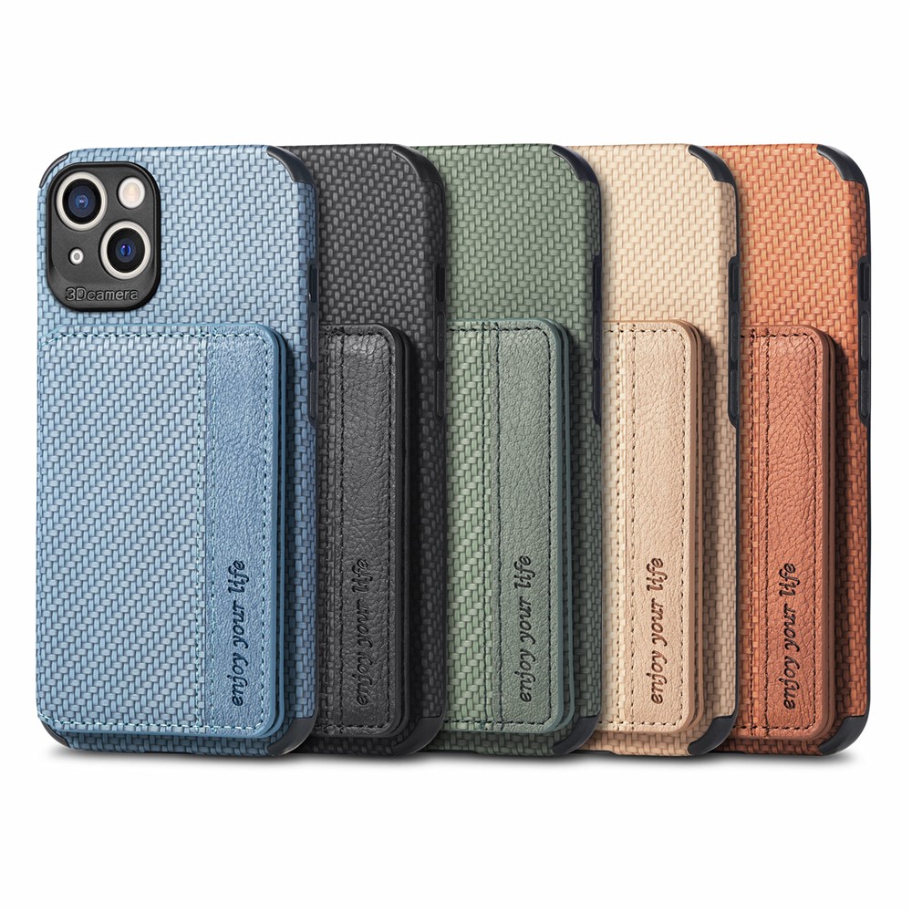 Scratch Resistant Carbon Fiber Texture Wallet Phone Case Design Built-in Magnet Leather Coated TPU Phone Cover with Kickstand for iPhone 13 mini 5.4 inch - Black-11