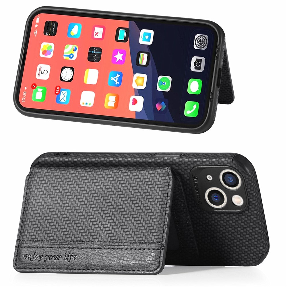 Scratch Resistant Carbon Fiber Texture Wallet Phone Case Design Built-in Magnet Leather Coated TPU Phone Cover with Kickstand for iPhone 13 mini 5.4 inch - Black-4