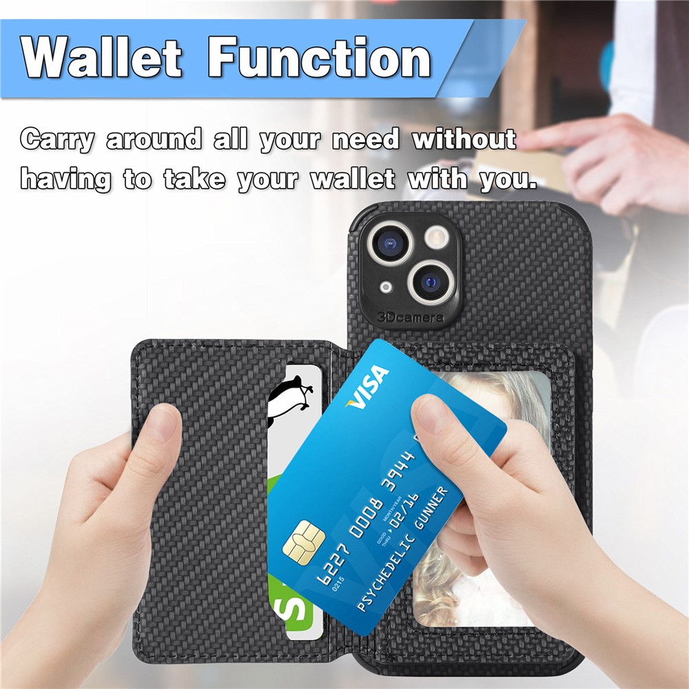 Scratch Resistant Carbon Fiber Texture Wallet Phone Case Design Built-in Magnet Leather Coated TPU Phone Cover with Kickstand for iPhone 13 mini 5.4 inch - Black-6