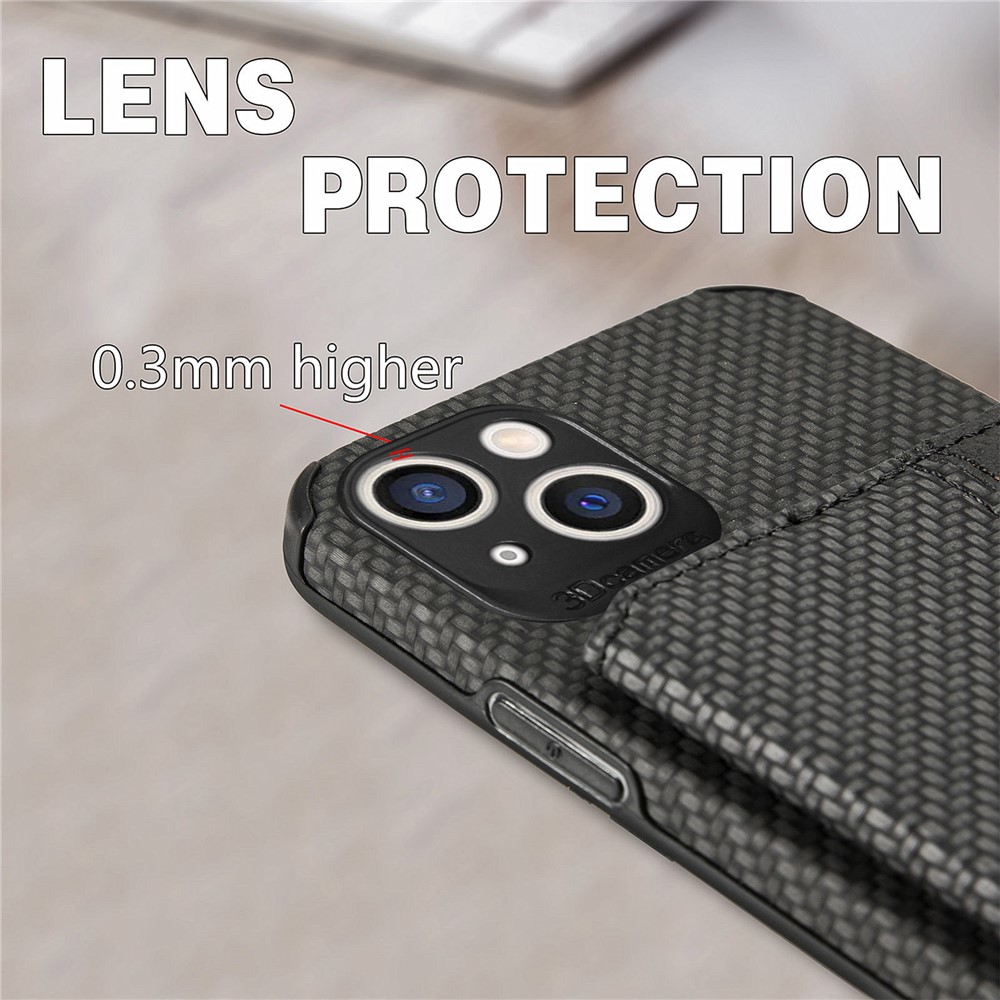 Scratch Resistant Carbon Fiber Texture Wallet Phone Case Design Built-in Magnet Leather Coated TPU Phone Cover with Kickstand for iPhone 13 mini 5.4 inch - Black-7