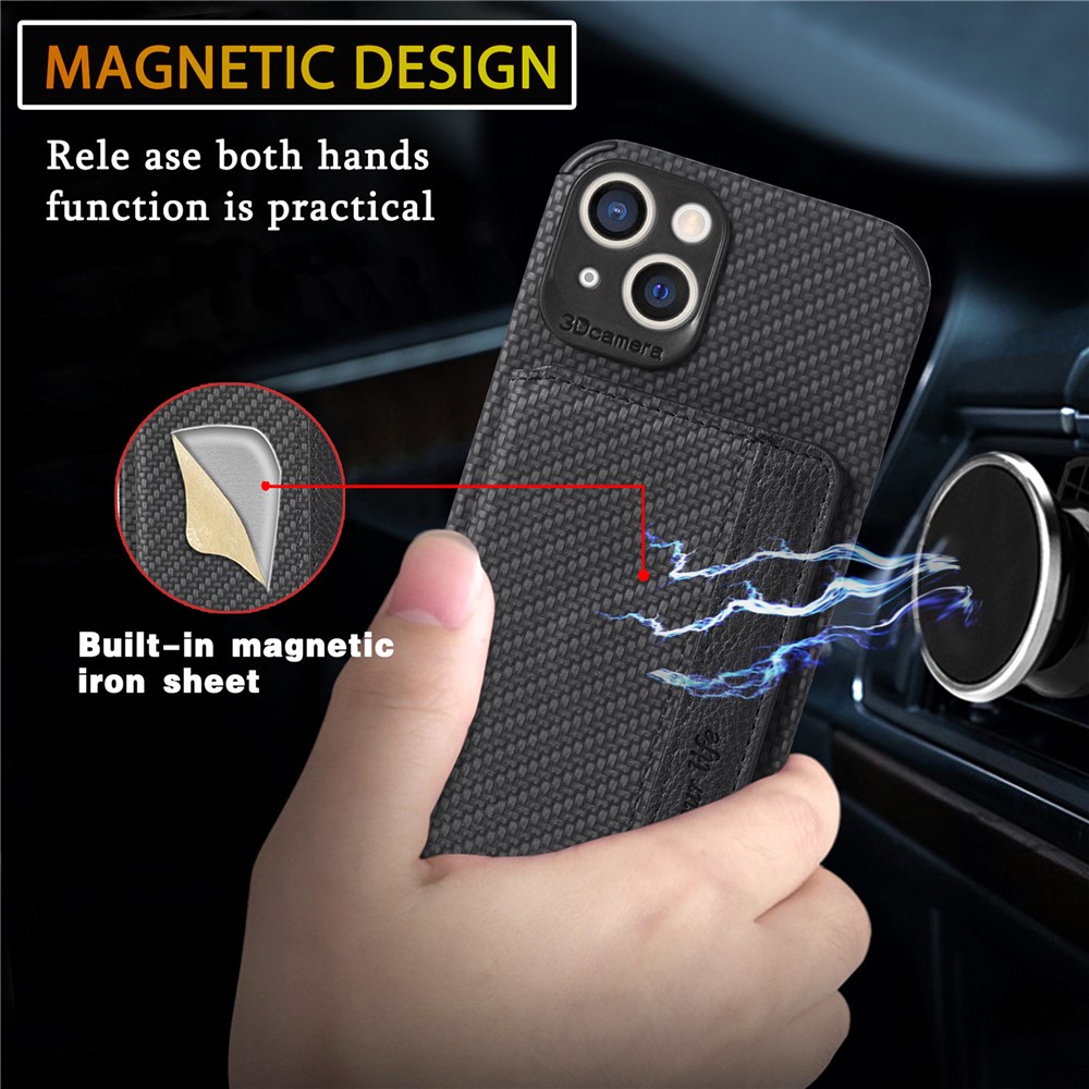 Scratch Resistant Carbon Fiber Texture Wallet Phone Case Design Built-in Magnet Leather Coated TPU Phone Cover with Kickstand for iPhone 13 mini 5.4 inch - Black-8