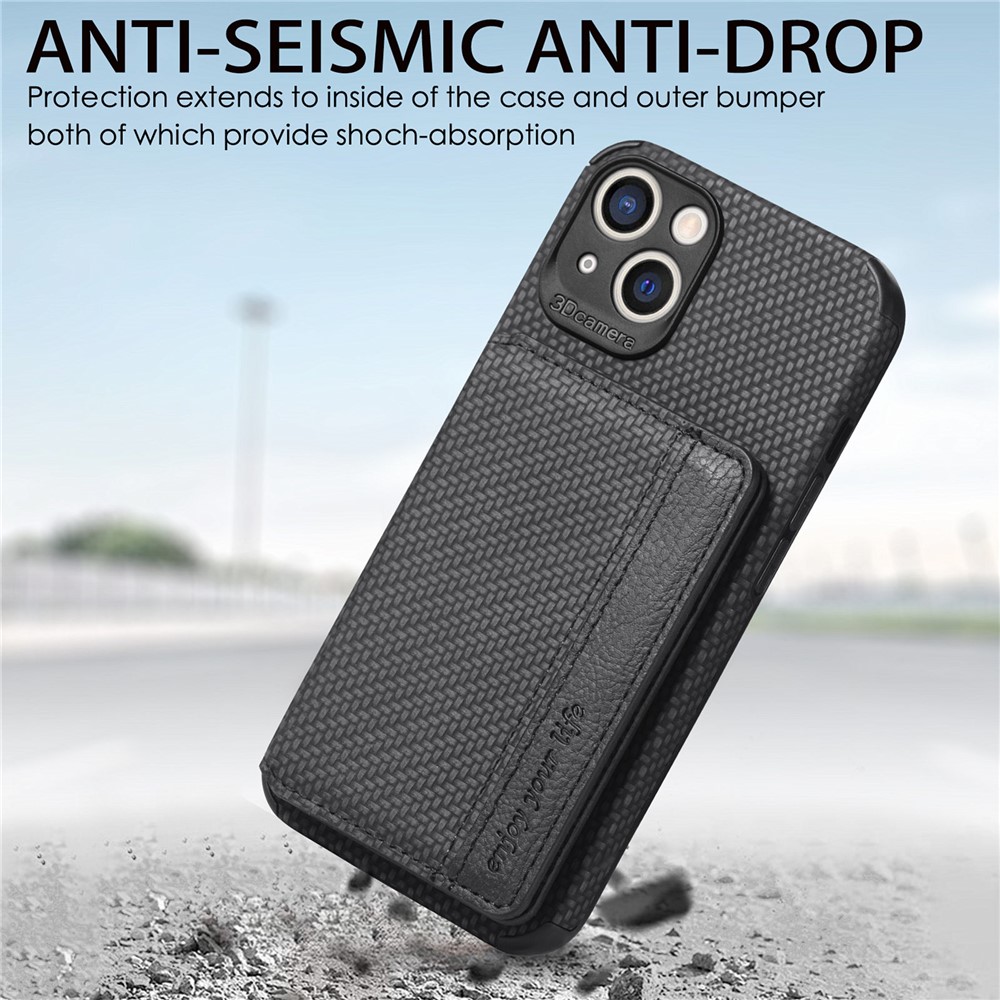 Scratch Resistant Carbon Fiber Texture Wallet Phone Case Design Built-in Magnet Leather Coated TPU Phone Cover with Kickstand for iPhone 13 mini 5.4 inch - Black-9