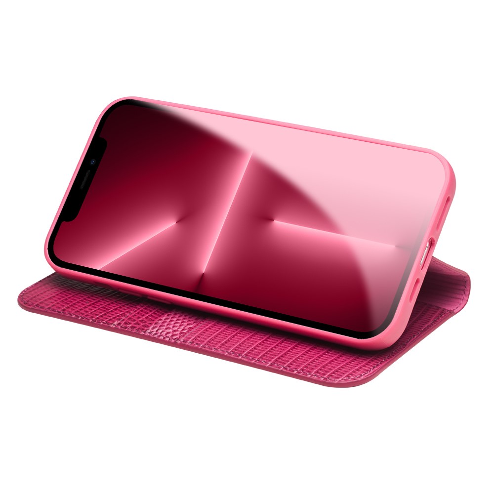 QIALINO Crocodile Texture Top-layer Genuine Leather Phone Cover Wallet Stand Phone Case for iPhone 13 Pro Max 6.7 inch - Rose-4