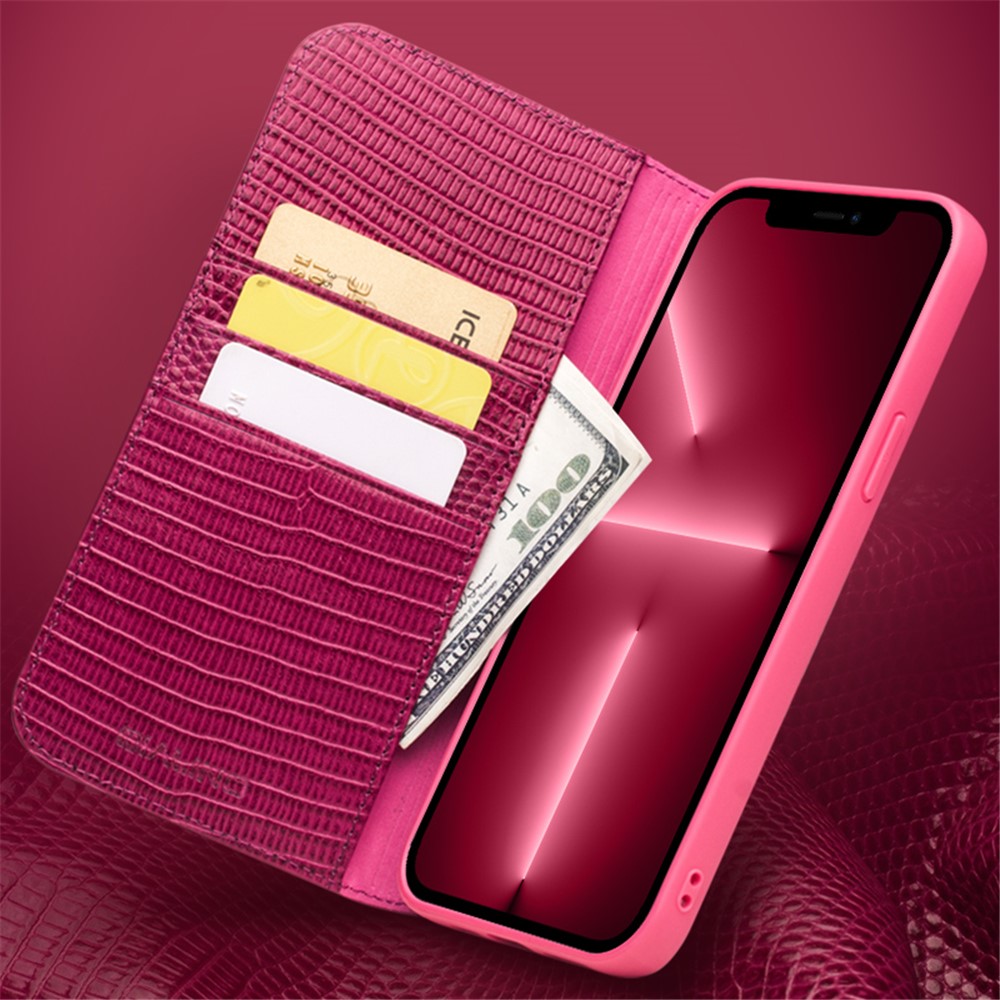 QIALINO Crocodile Texture Top-layer Genuine Leather Phone Cover Wallet Stand Phone Case for iPhone 13 Pro Max 6.7 inch - Rose-9