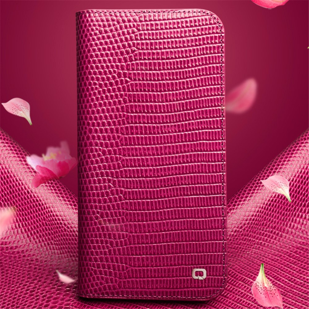 QIALINO Scratch Resistant Anti-shock Crocodile Texture Wallet Stand Phone Case Top-layer Genuine Leather Phone Cover for iPhone 13 Pro 6.1 inch - Rose-6