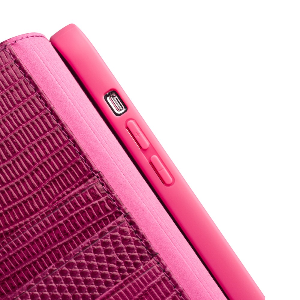 QIALINO Scratch Resistant Anti-shock Crocodile Texture Wallet Stand Phone Case Top-layer Genuine Leather Phone Cover for iPhone 13 Pro 6.1 inch - Rose-9