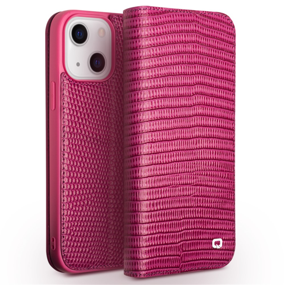 QIALINO Crocodile Texture Top-layer Genuine Leather Phone Cover Wallet Stand Phone Case for iPhone 13 6.1 inch - Rose-1