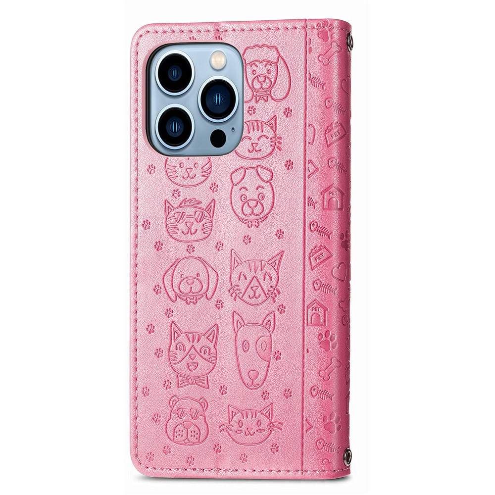 Cat Dog Pattern Imprint Full Protection Stylish Dual-Sided Magnetic Clasp PU Leather Wallet Stand Phone Cover for iPhone 13 Pro Max 6.7 inch - Pink-3