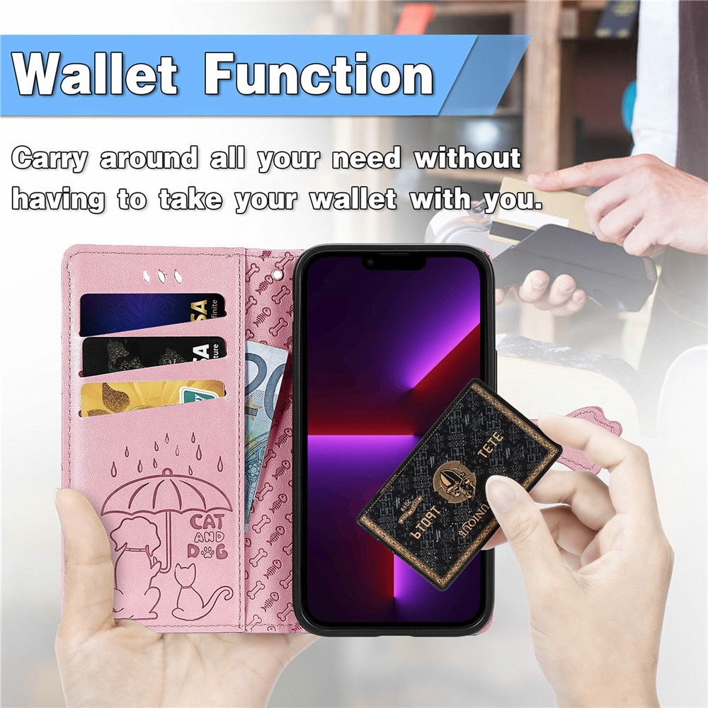 Cat Dog Pattern Imprint Full Protection Stylish Dual-Sided Magnetic Clasp PU Leather Wallet Stand Phone Cover for iPhone 13 Pro Max 6.7 inch - Pink-6