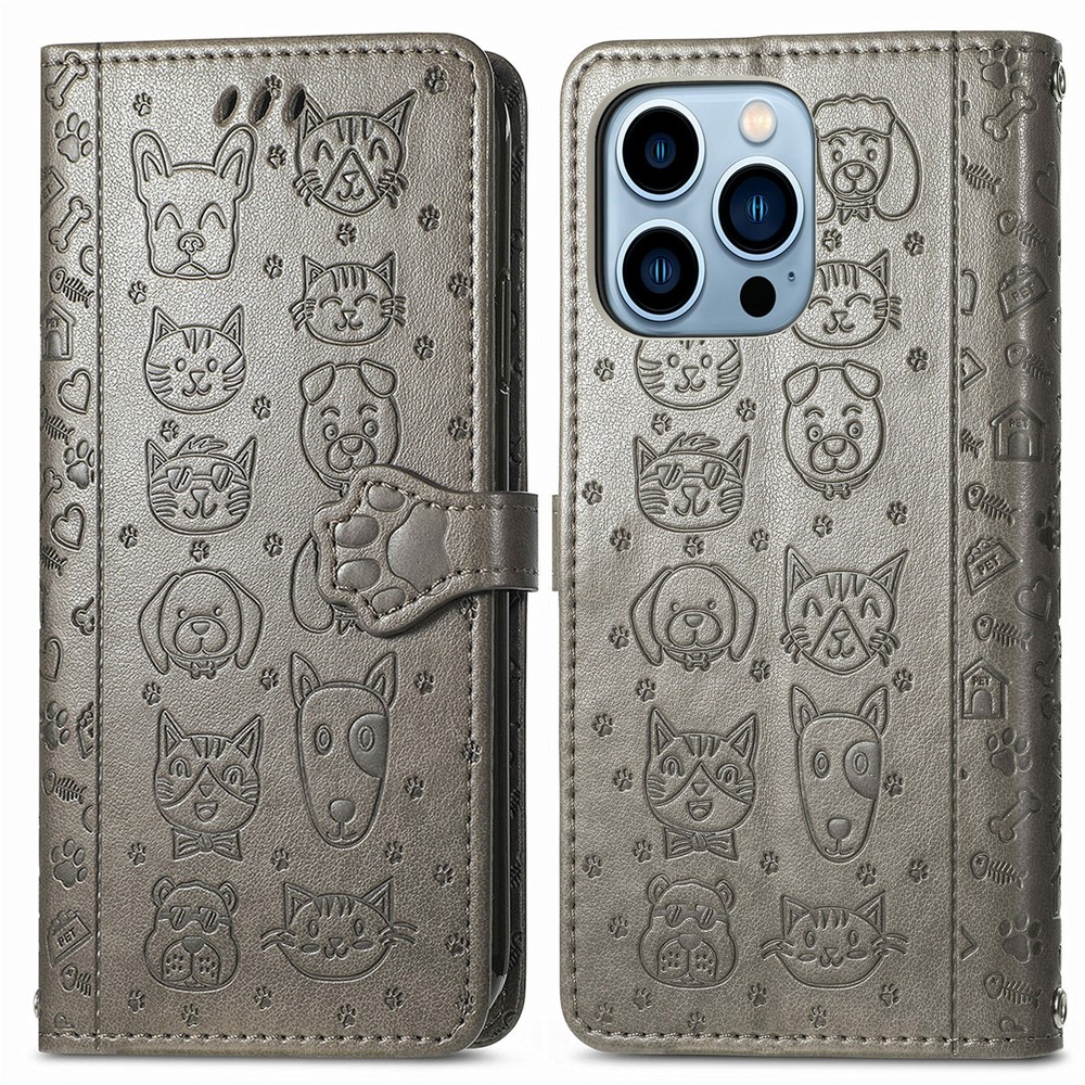 Cat Dog Pattern Imprint Scratch-Resistant Anti-Drop Dual-Sided Magnetic Clasp PU Leather Wallet Phone Cover with Stand for iPhone 13 Pro 6.1 inch - Grey-1