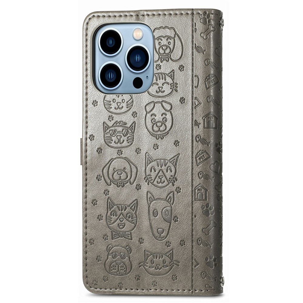 Cat Dog Pattern Imprint Scratch-Resistant Anti-Drop Dual-Sided Magnetic Clasp PU Leather Wallet Phone Cover with Stand for iPhone 13 Pro 6.1 inch - Grey-3