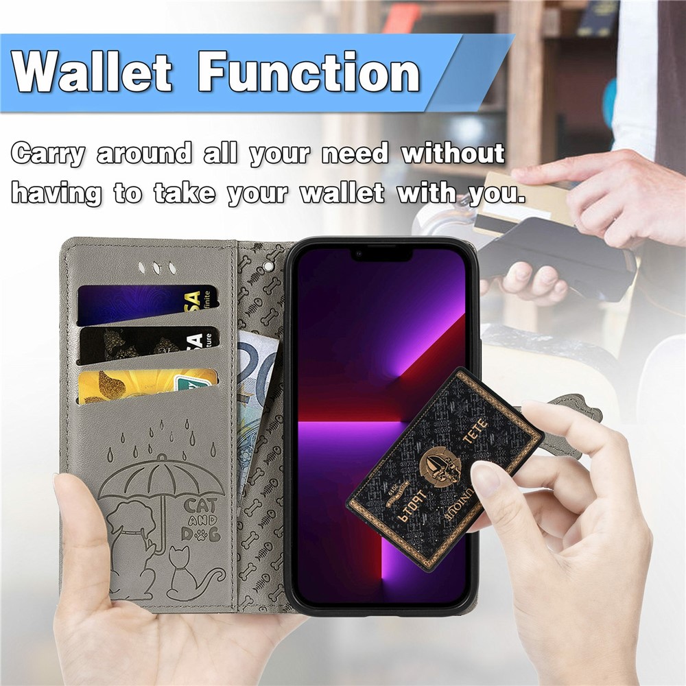 Cat Dog Pattern Imprint Scratch-Resistant Anti-Drop Dual-Sided Magnetic Clasp PU Leather Wallet Phone Cover with Stand for iPhone 13 Pro 6.1 inch - Grey-6