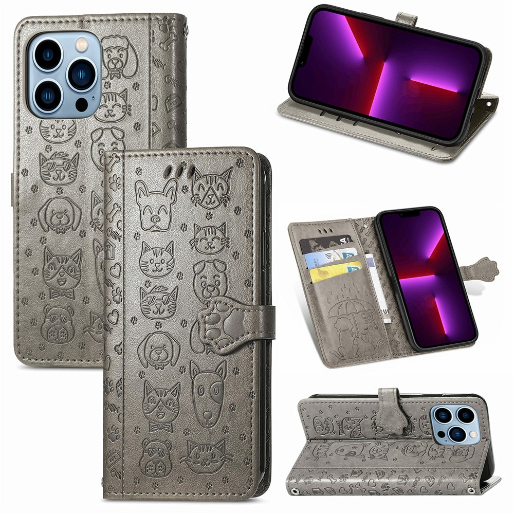Cat Dog Pattern Imprint Scratch-Resistant Anti-Drop Dual-Sided Magnetic Clasp PU Leather Wallet Phone Cover with Stand for iPhone 13 Pro 6.1 inch - Grey-7