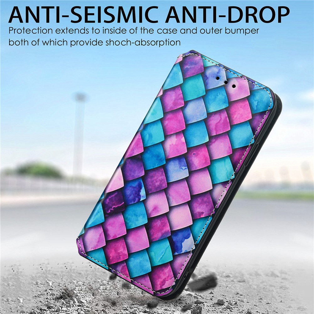 CASENEO 001 Series Colorful Pattern Printing Lightweight Durable Auto-absorbed Wallet Leather Phone Case with Stand for iPhone 13 Pro 6.1 inch - Purple Scale-11