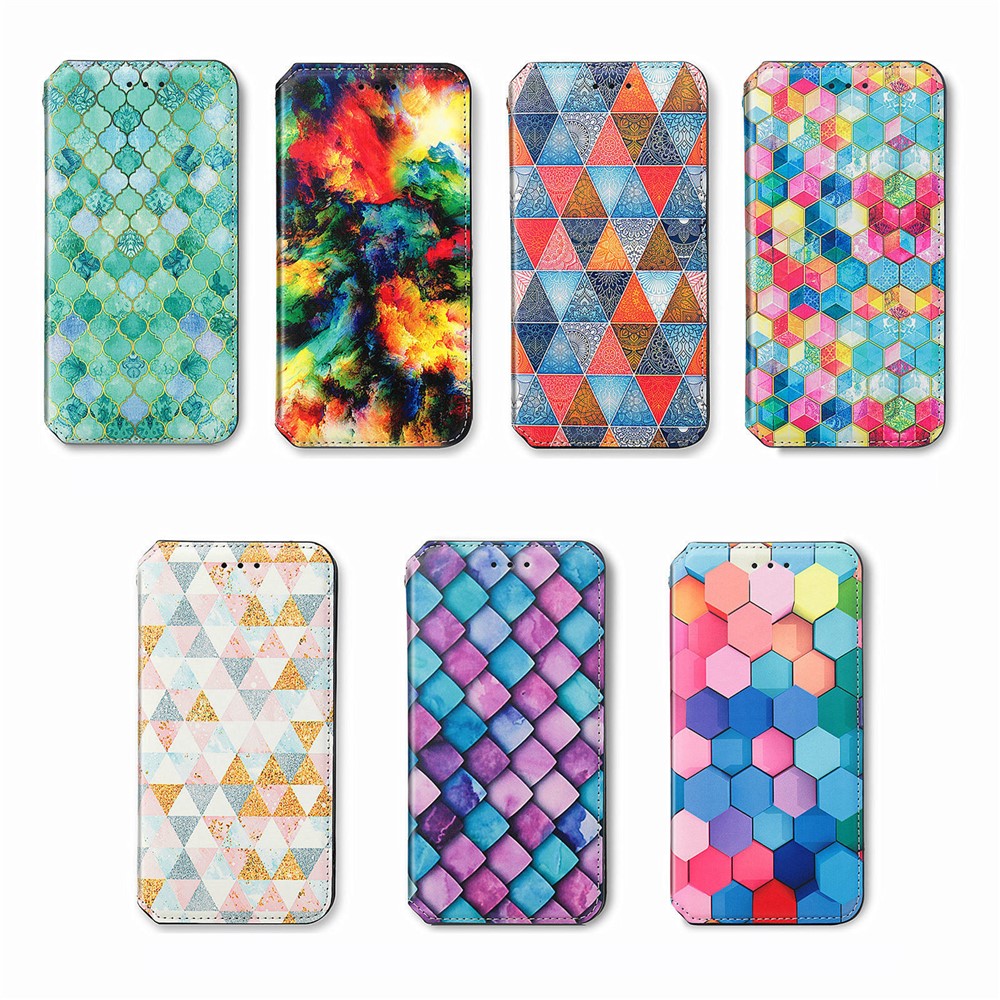 CASENEO 001 Series Colorful Pattern Printing Lightweight Durable Auto-absorbed Wallet Leather Phone Case with Stand for iPhone 13 Pro 6.1 inch - Purple Scale-14
