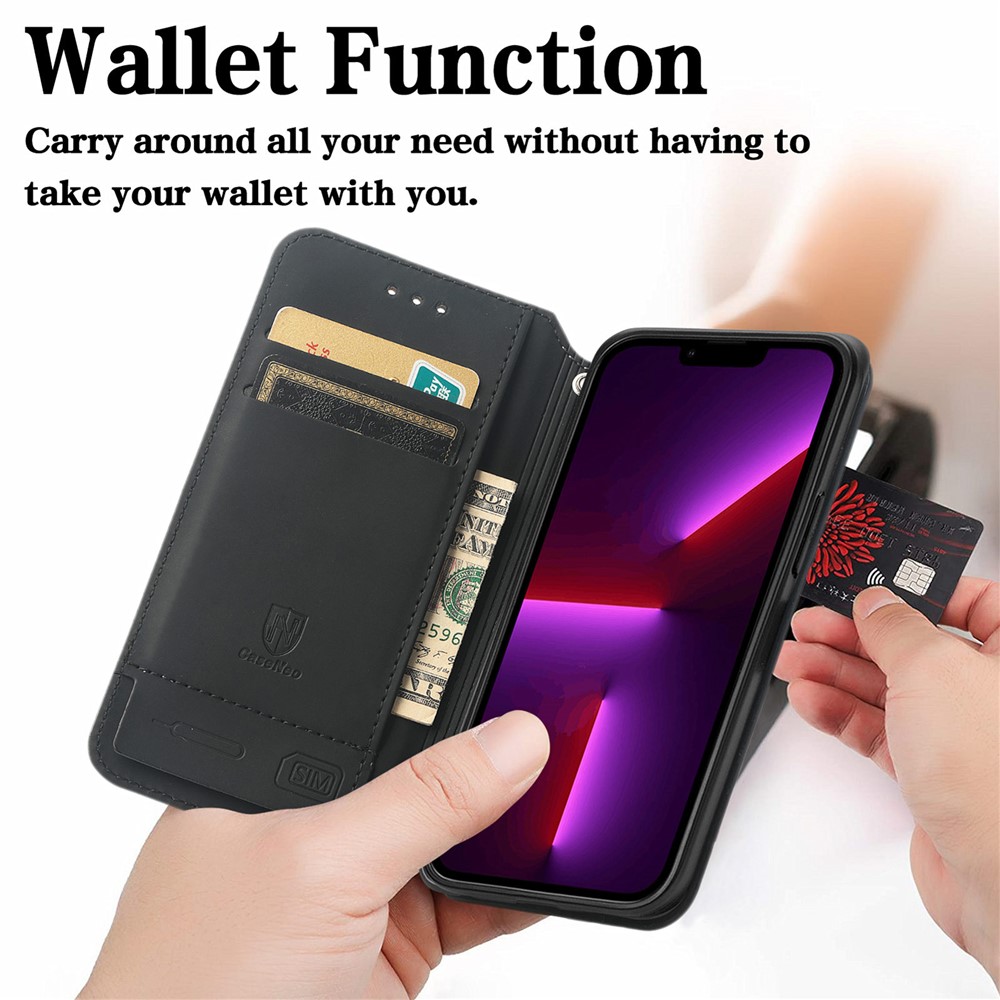 CASENEO 001 Series Colorful Pattern Printing Lightweight Durable Auto-absorbed Wallet Leather Phone Case with Stand for iPhone 13 Pro 6.1 inch - Purple Scale-6
