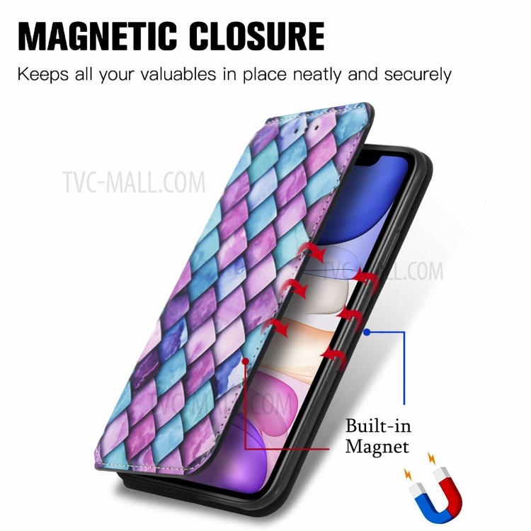 CASENEO 001 Series Colorful Pattern Printing Wallet Design Auto-absorbed Folio Flip Leather Phone Case with Stand for iPhone 11 Pro 5.8 inch - Purple Scale-10