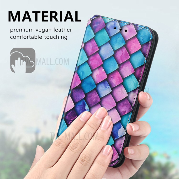CASENEO 001 Series Colorful Pattern Printing Wallet Design Auto-absorbed Folio Flip Leather Phone Case with Stand for iPhone 11 Pro 5.8 inch - Purple Scale-12
