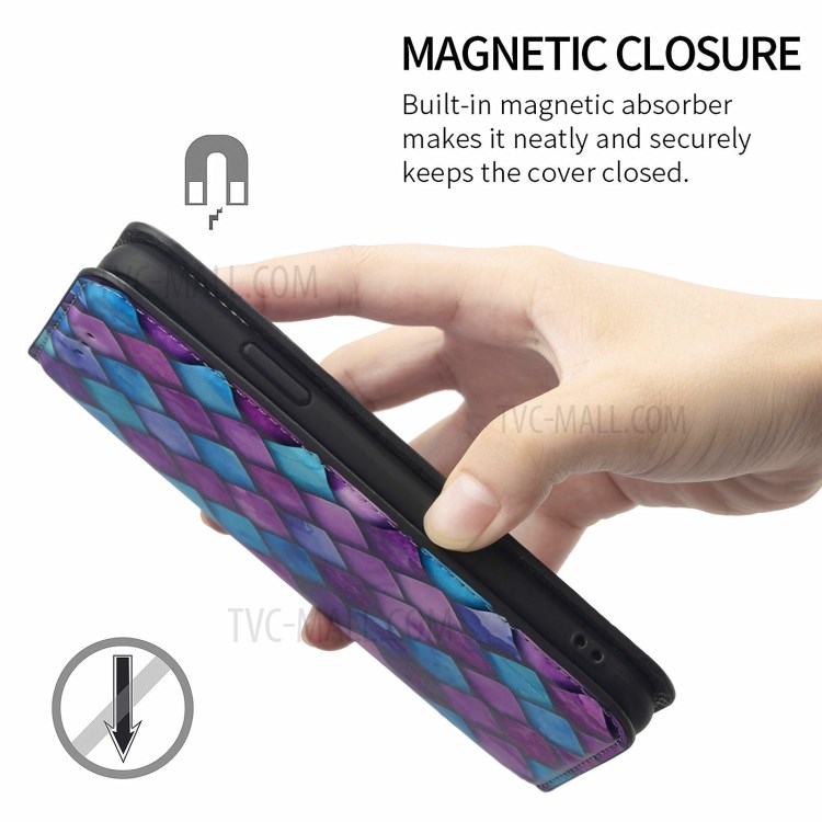 CASENEO 001 Series Colorful Pattern Printing Wallet Design Auto-absorbed Folio Flip Leather Phone Case with Stand for iPhone 11 Pro 5.8 inch - Purple Scale-13