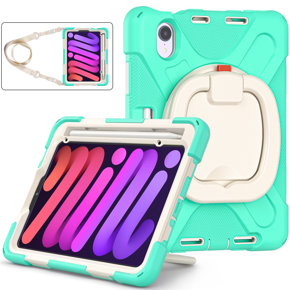 PC+Silicone Hybrid Case Tablet Cover Case with 360 Degree Swivel Kickstand Hand Band + Shoulder Strap for iPad mini (2021) - Mint Green-1