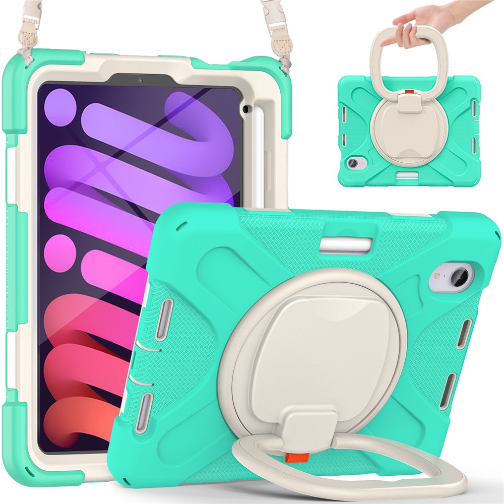 PC+Silicone Hybrid Case Tablet Cover Case with 360 Degree Swivel Kickstand Hand Band + Shoulder Strap for iPad mini (2021) - Mint Green-2